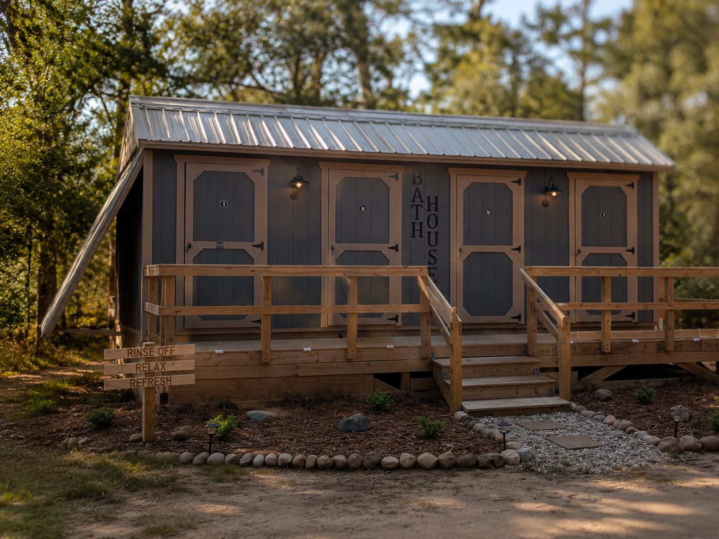 Landscaped Kirby Land bathhouse with four individual doors